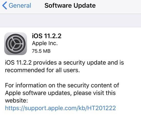 苹果发布iOS 11.2.2：修复安全漏洞 所有设备必升！