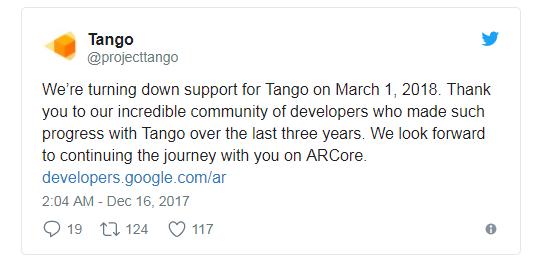 谷歌将终止对Tango的支持，重心转向ARCore